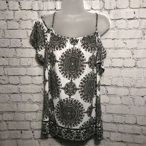 I.N.C. International Concepts NEW Short Sl Cold Shoulder Top Black & White Print